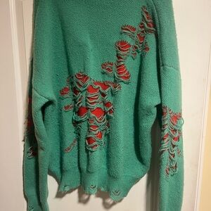 SHEIN Teal and Red Distressed Sweater